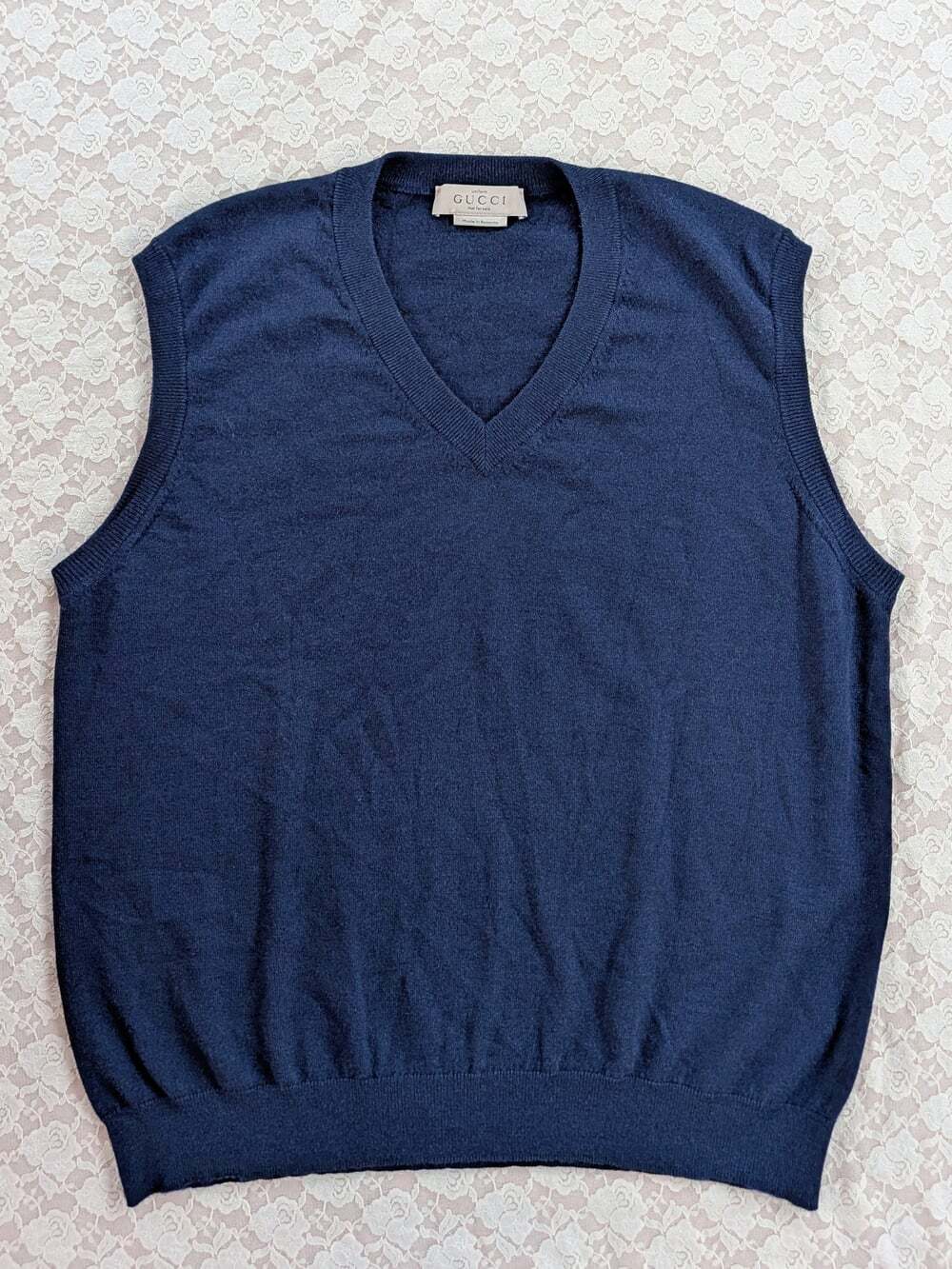 Gucci Men navy 100 wool sweater vest uniform XL luxury designer academia